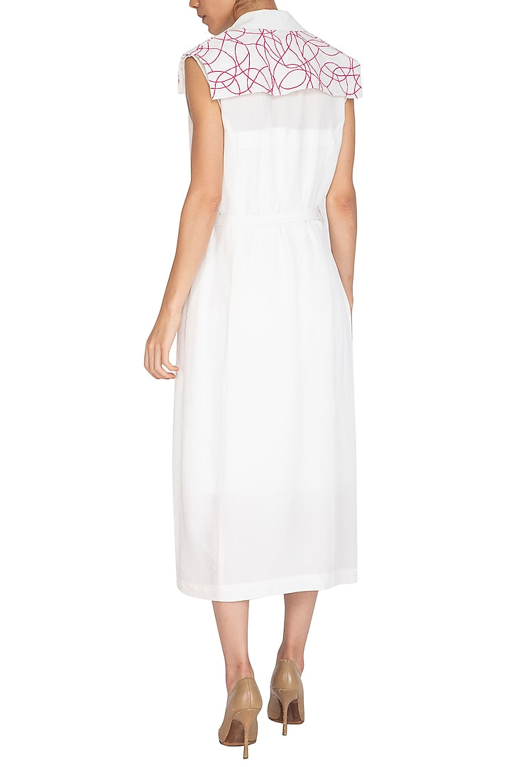 White Embroidered pink Doodle Trench Coat