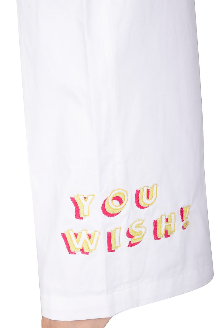 White Embroidered Pants With Tie-up Belt