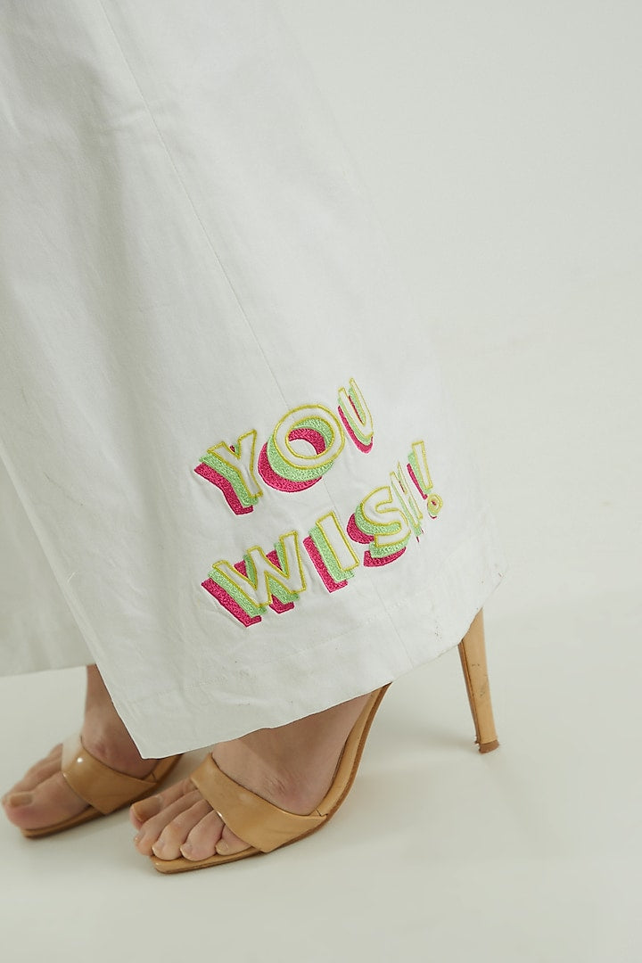 White Embroidered High Waisted Flare Pants With Tie-Up Belt