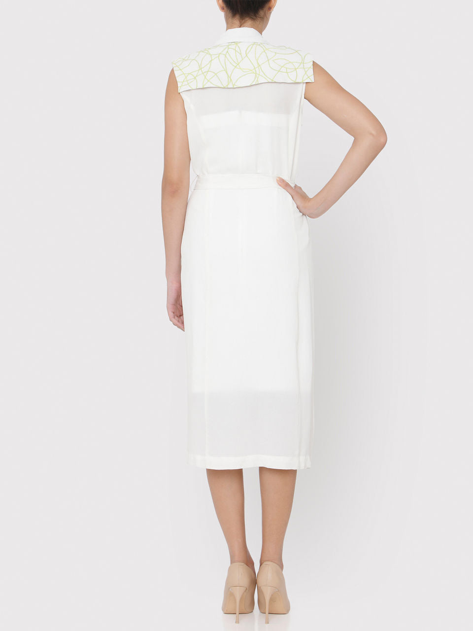 White Embroidered Acid lime green Doodle Trench Coat