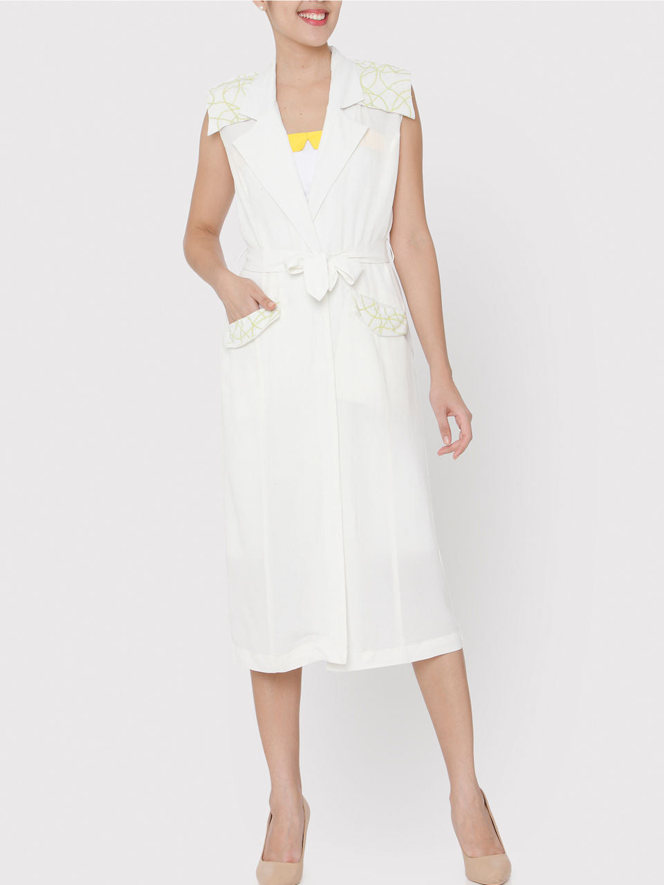 White Embroidered Acid lime green Doodle Trench Coat