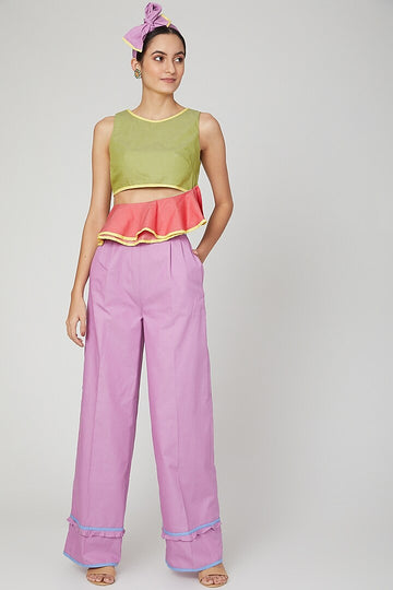 Moss Green Crop Top with Rose Red Ruffles