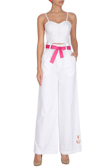 White Embroidered High Waisted Flare Pants With Tie-Up Belt