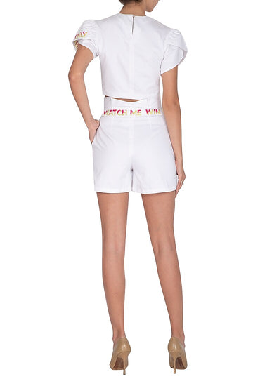 White Embroidered Flap Shorts with Paperbag waist