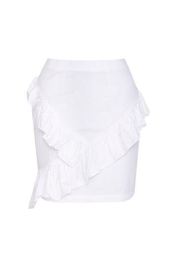 White Ruffle Mid-Waist Cotton Skirt
