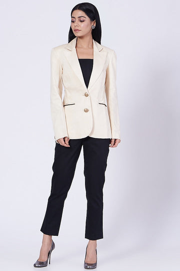 Ecru Notch Collar Blazer With Faux Leather Buttons
