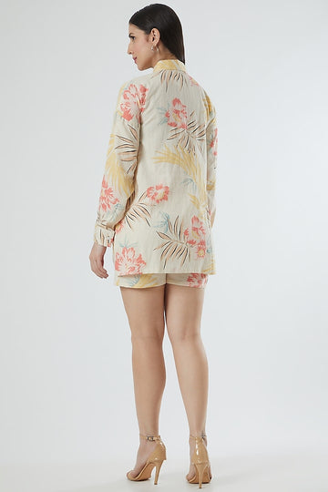 Beige Floral Printed Linen Shirt