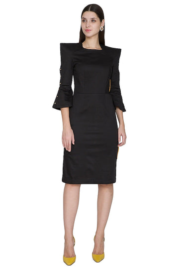 Black Knee-Length Strong Shoulder Embellished Dress