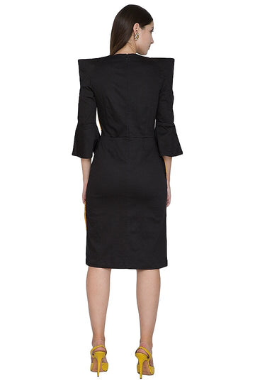 Black Knee-Length Strong Shoulder Embellished Dress