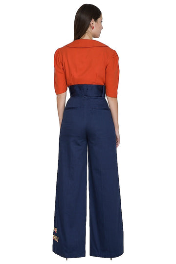 Midnight Blue High Waisted Flare Pants With Tie-Up Belt