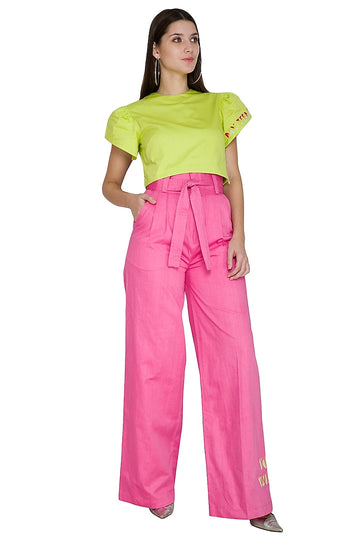 Pink High High Waisted Flare Pants With Tie-Up Belt
