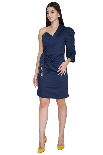 Midnight Blue Asymmetrical Embroidered Tube Dress (Half Bustier-Half Jacket)