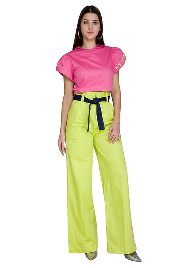 Lime Green High Waisted Flare Pants With Tie-Up Belt