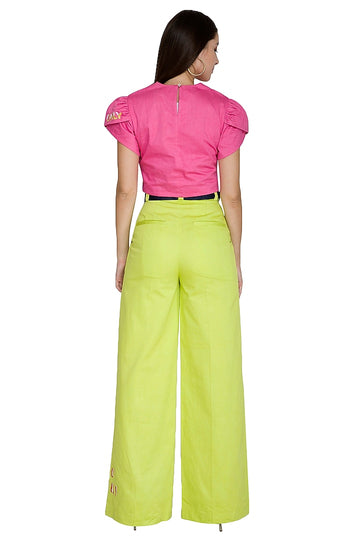 Lime Green High Waisted Flare Pants With Tie-Up Belt