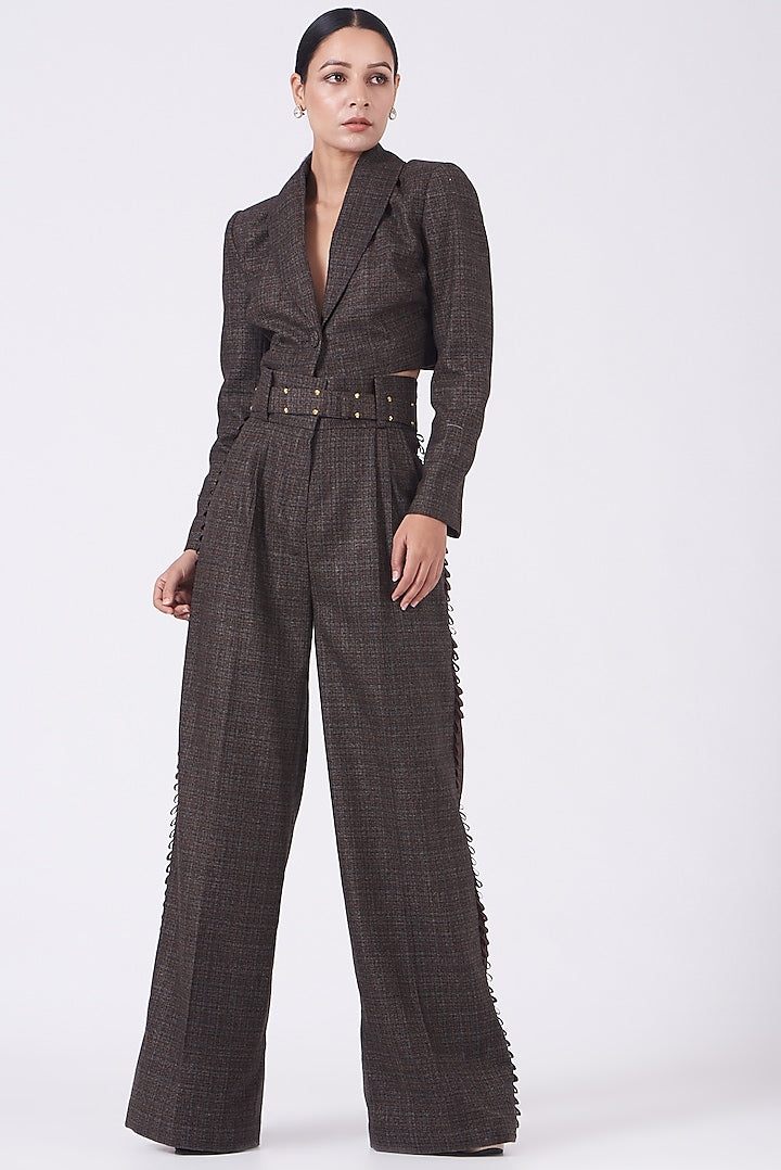 Taupe Brown Wool Tweed Cropped Blazer