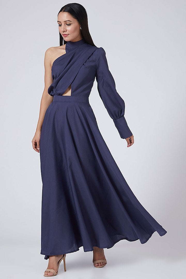 Midnight Blue One Shoulder Flared Dress