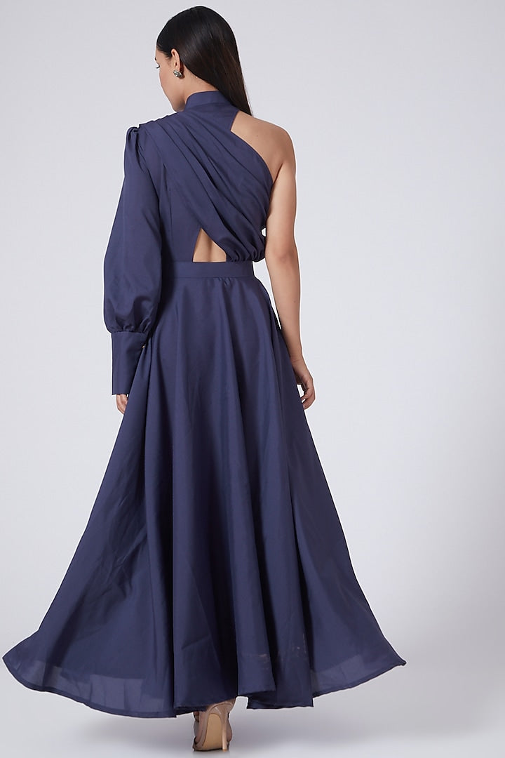 Midnight Blue One Shoulder Flared Dress