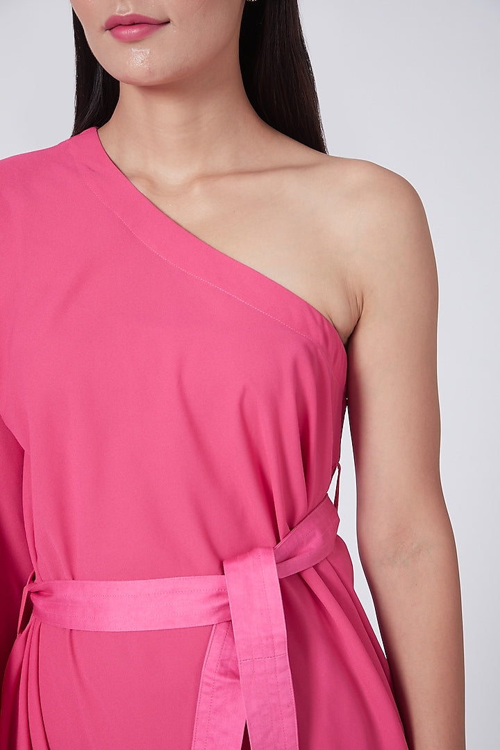 Pink One Shoulder Dress With Tie-Up
