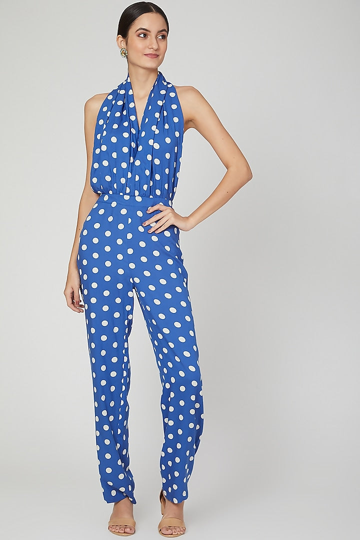 Blue & White Halter Neck Jumpsuit