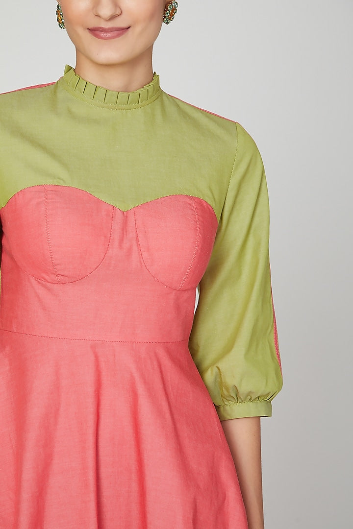 Rose Pink & Green Color Blocked Dress