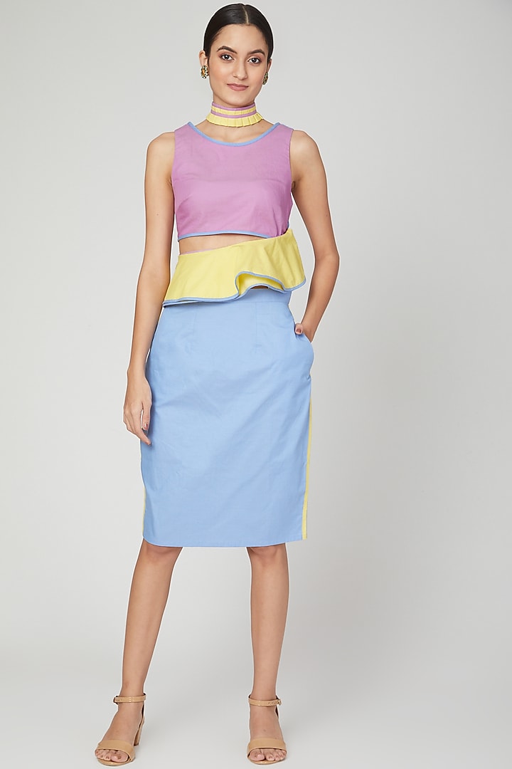 Sky Blue & Yellow Color Blocked Pencil Skirt