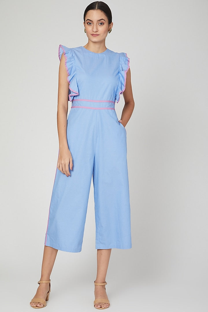 Sky Blue Jumpsuit With Ruffled Detailing
