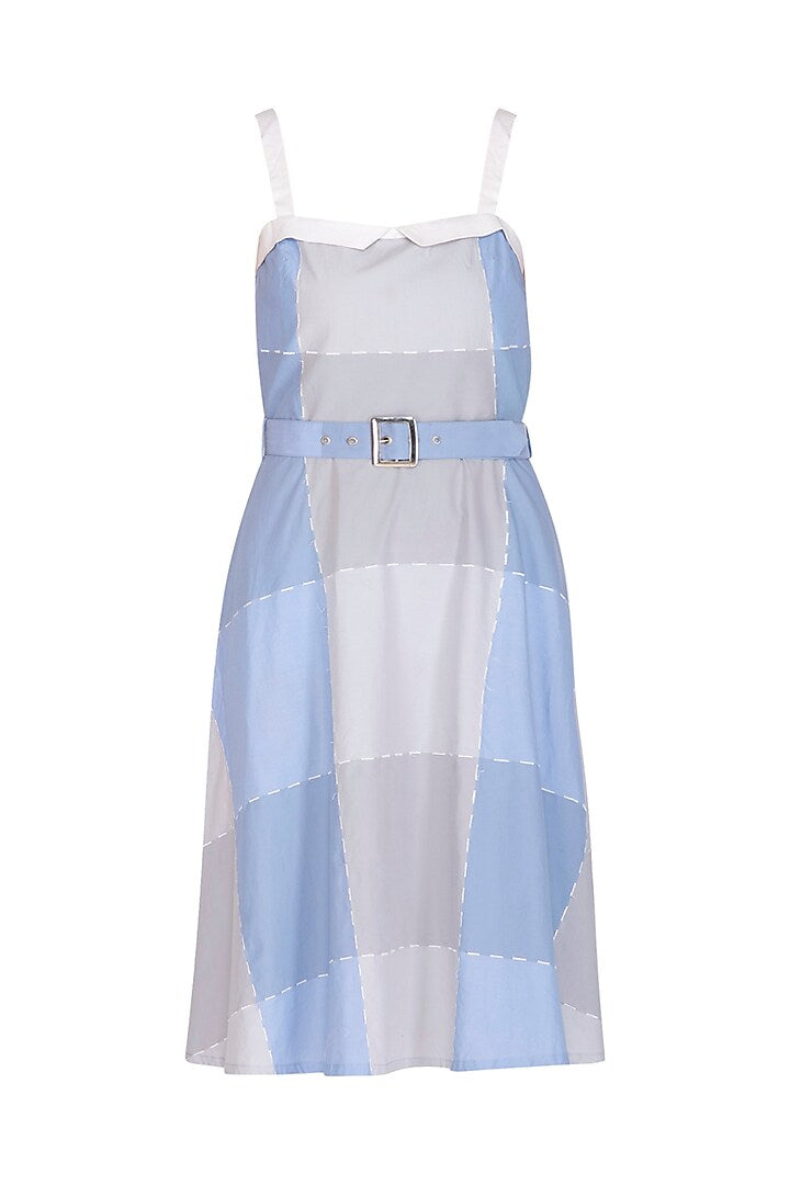 Lavender Blue & Grey Embroidered Dress With Belt