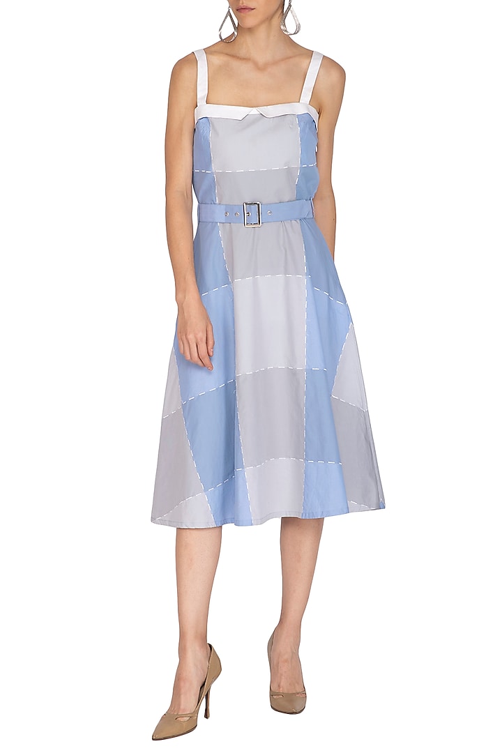 Lavender Blue & Grey Embroidered Dress With Belt