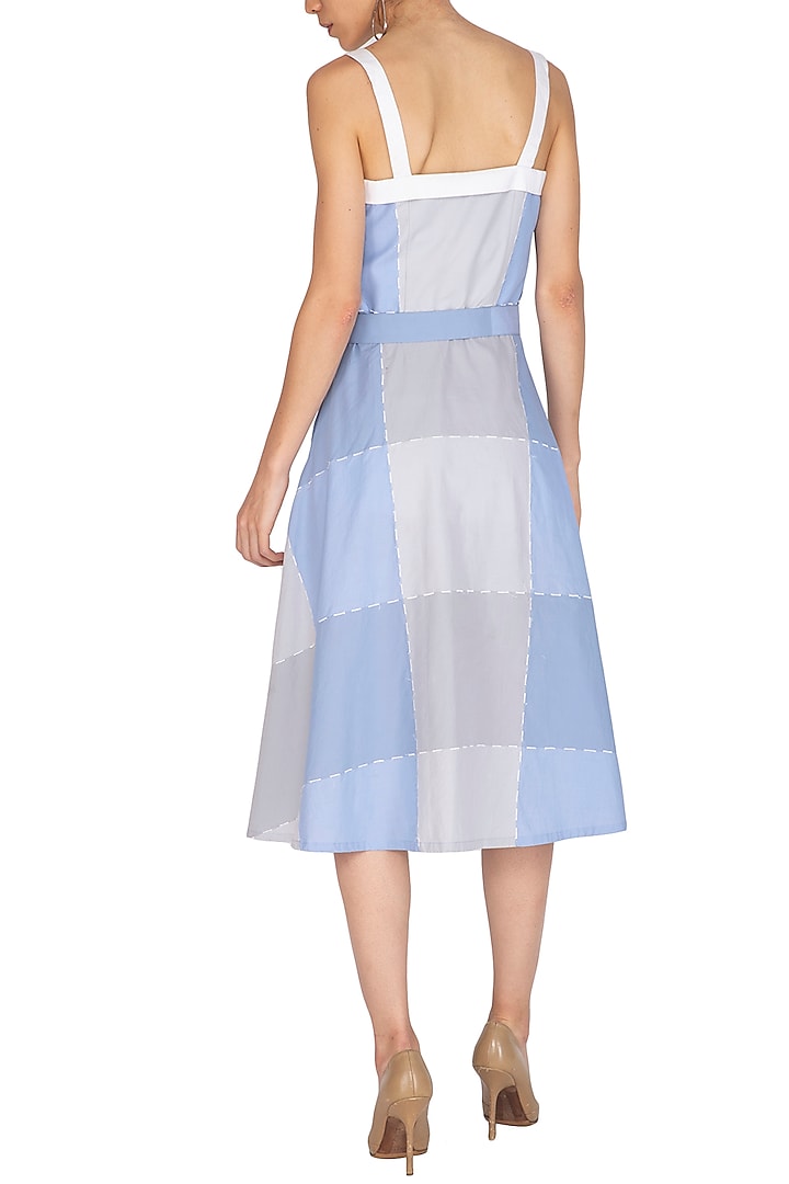 Lavender Blue & Grey Embroidered Dress With Belt