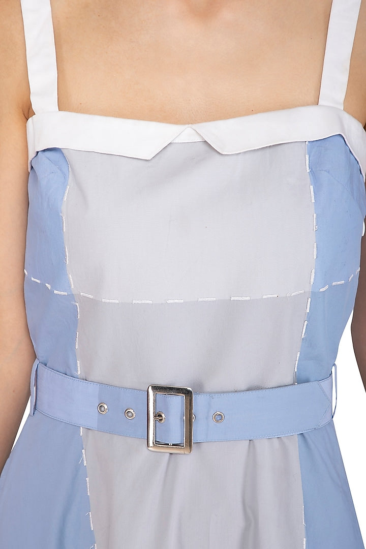 Lavender Blue & Grey Embroidered Dress With Belt