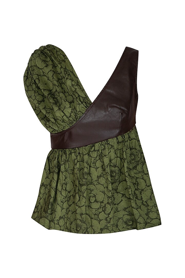 Olive Green Printed Gathered Top