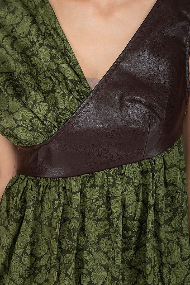 Olive Green Printed Gathered Top