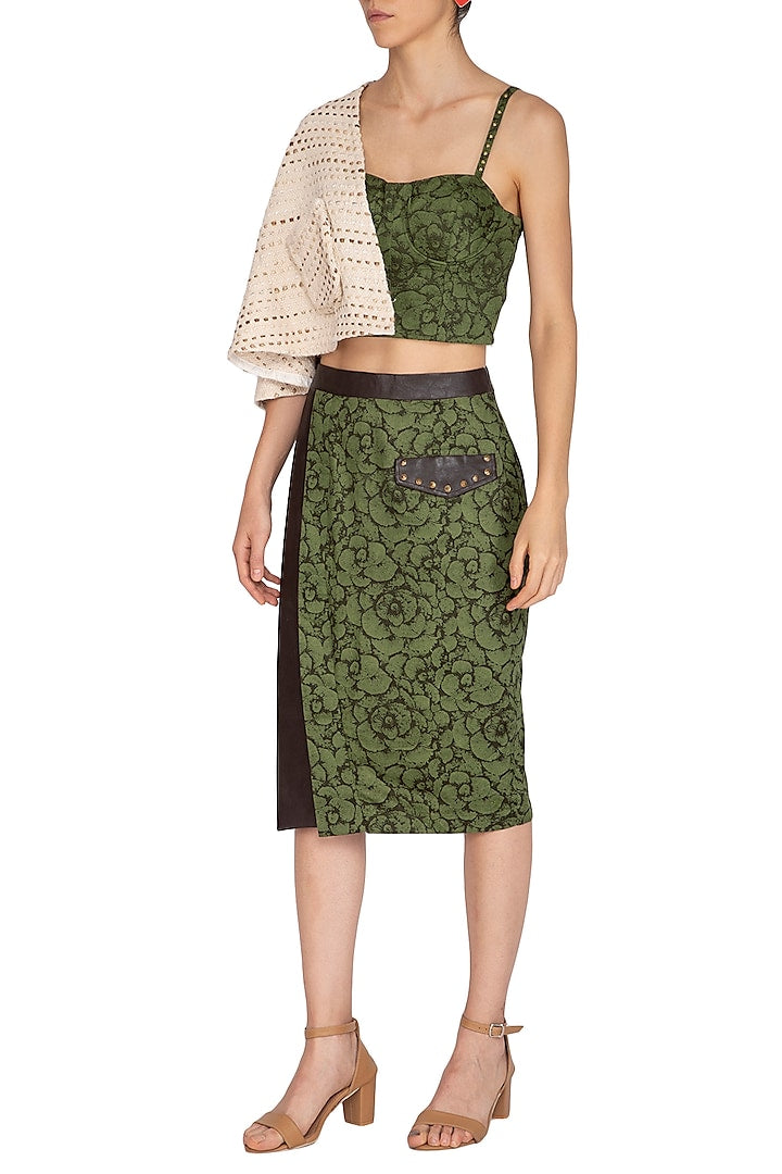 Olive Green Printed Corset Top With Cape
