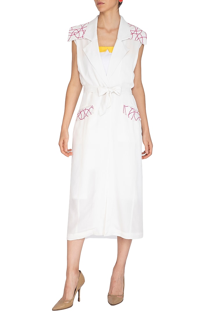 White Embroidered pink Doodle Trench Coat