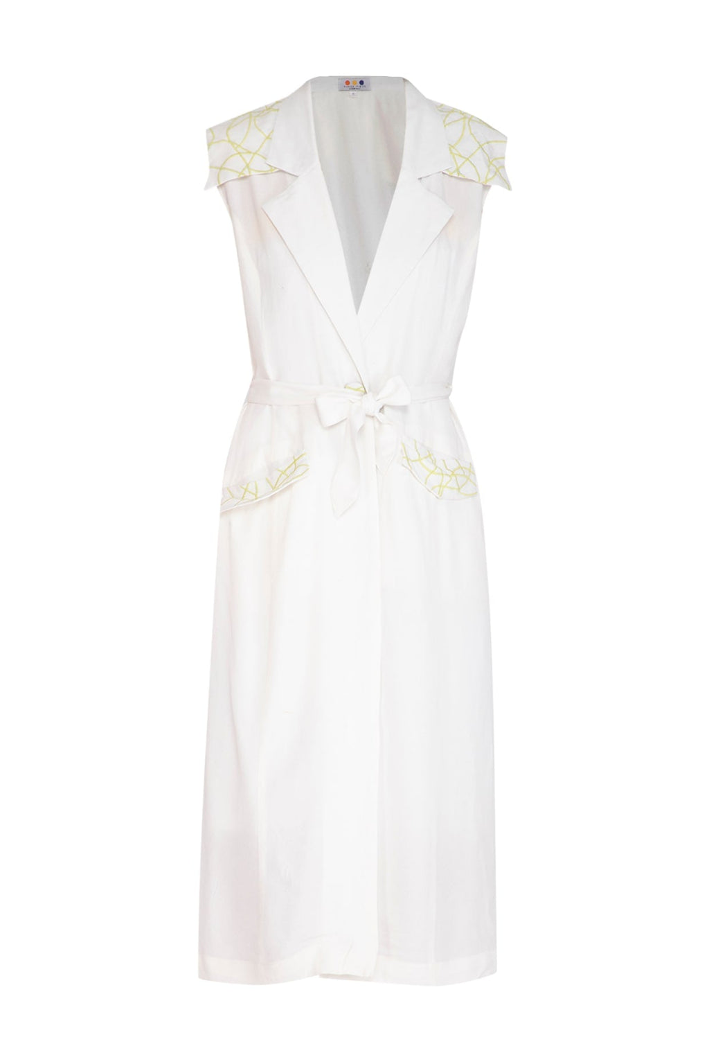 White Embroidered Acid lime green Doodle Trench Coat