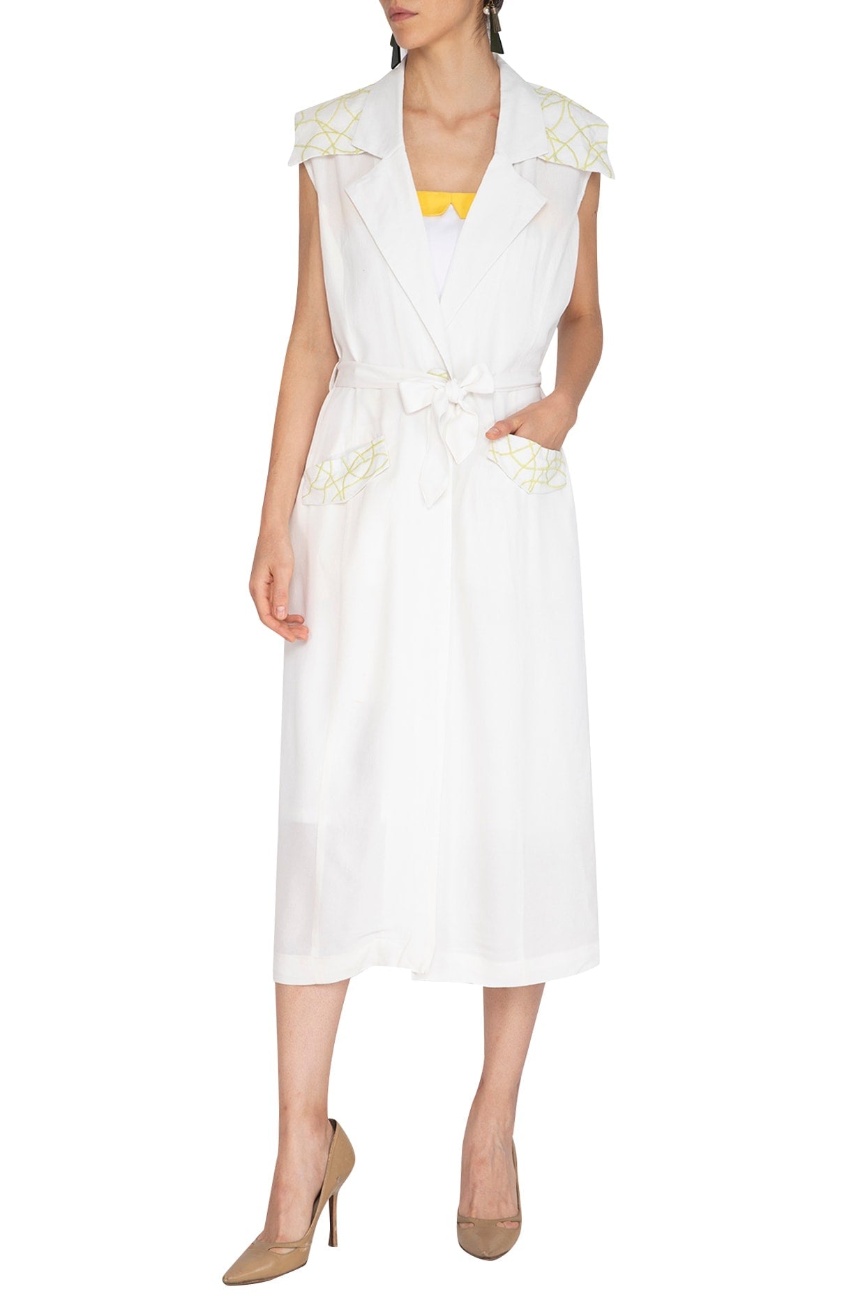 White Embroidered Acid lime green Doodle Trench Coat