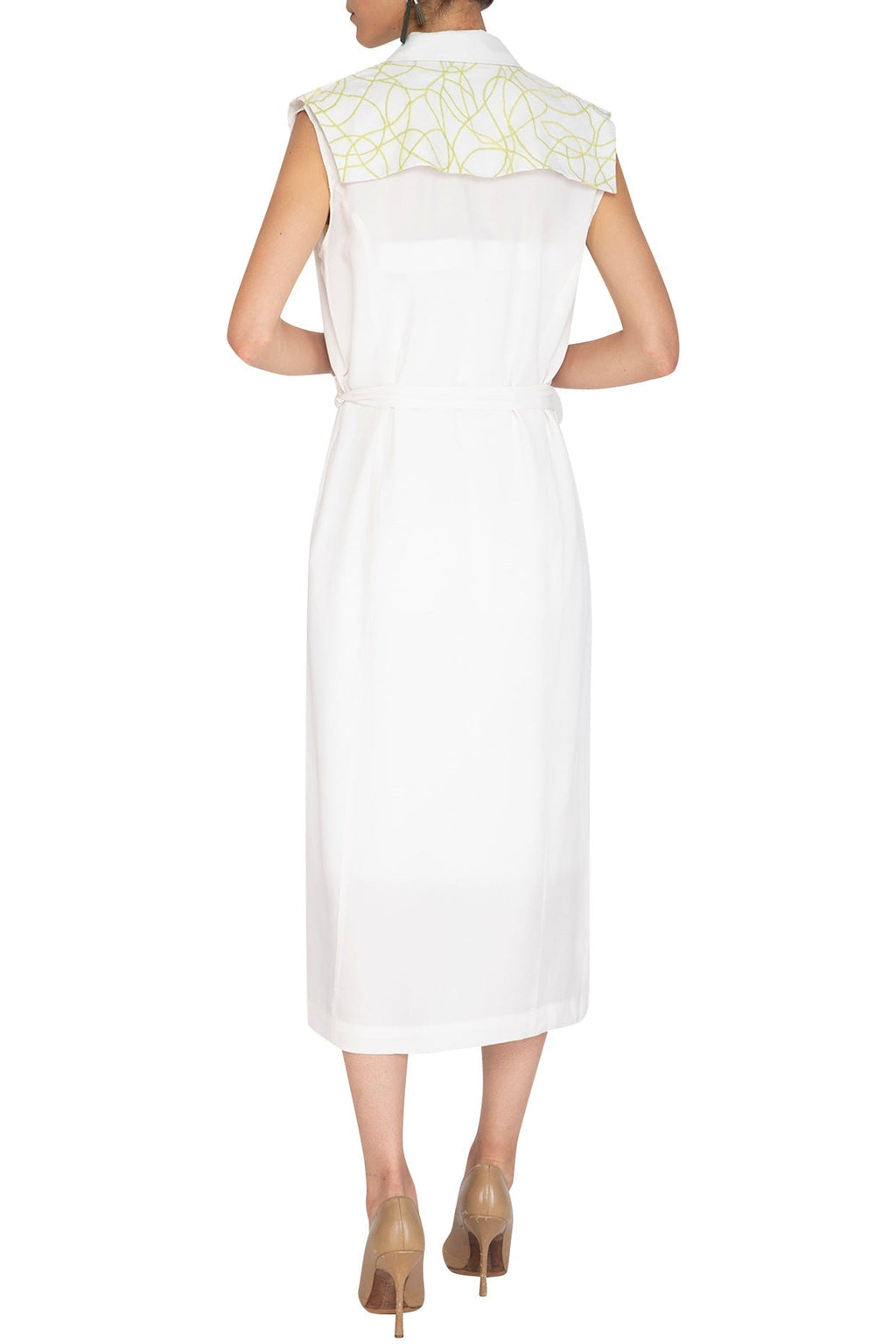 White Embroidered Acid lime green Doodle Trench Coat