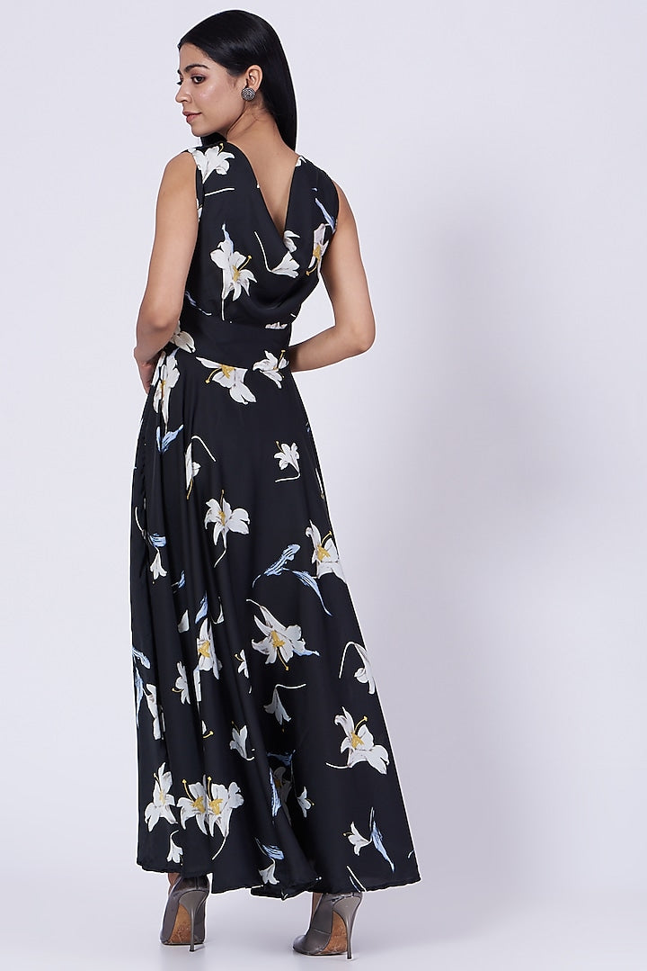 Black Digital Printed Cowl Dress