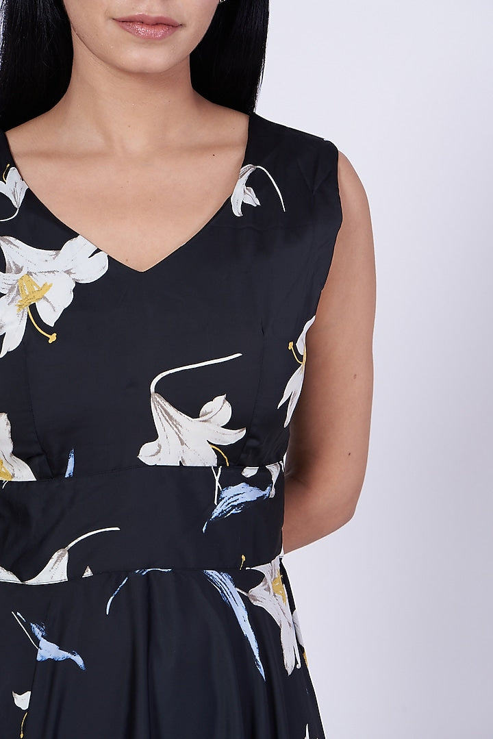 Black Digital Printed Cowl Dress
