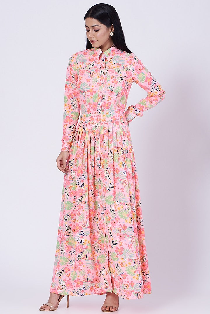 Pink Poly Crepe Floral Shirt Dress