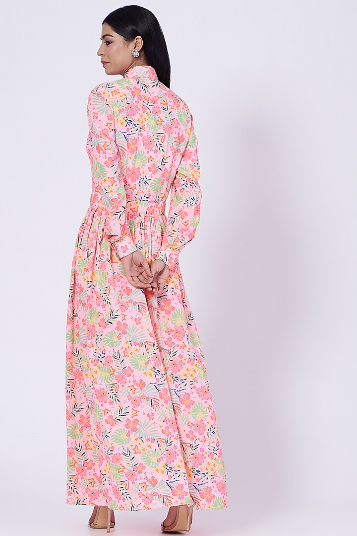 Pink Poly Crepe Floral Shirt Dress