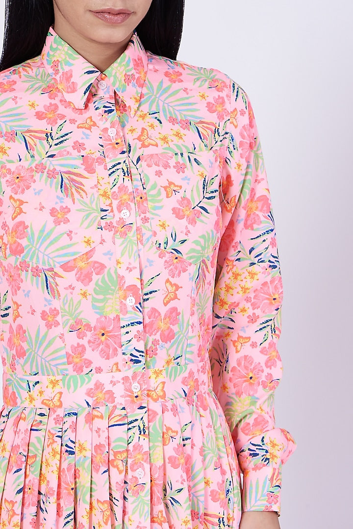 Pink Poly Crepe Floral Shirt Dress