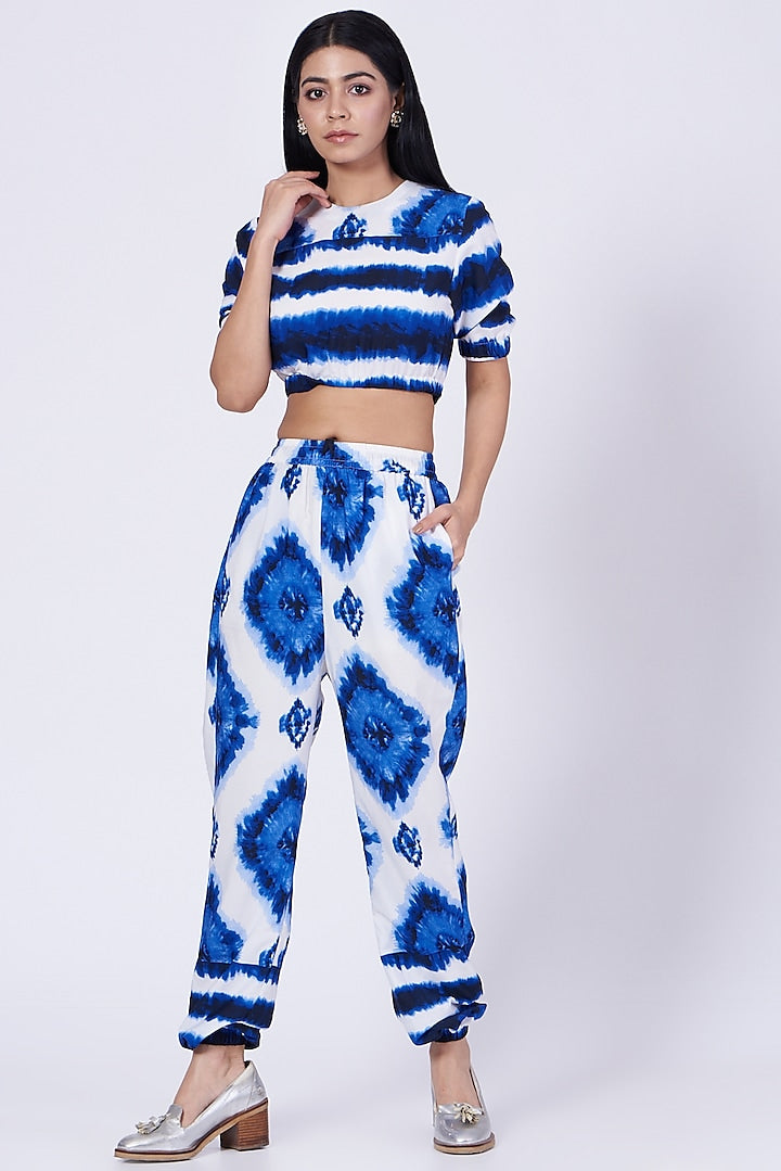 White & Blue Tie-Dye Lounge Crop Top 