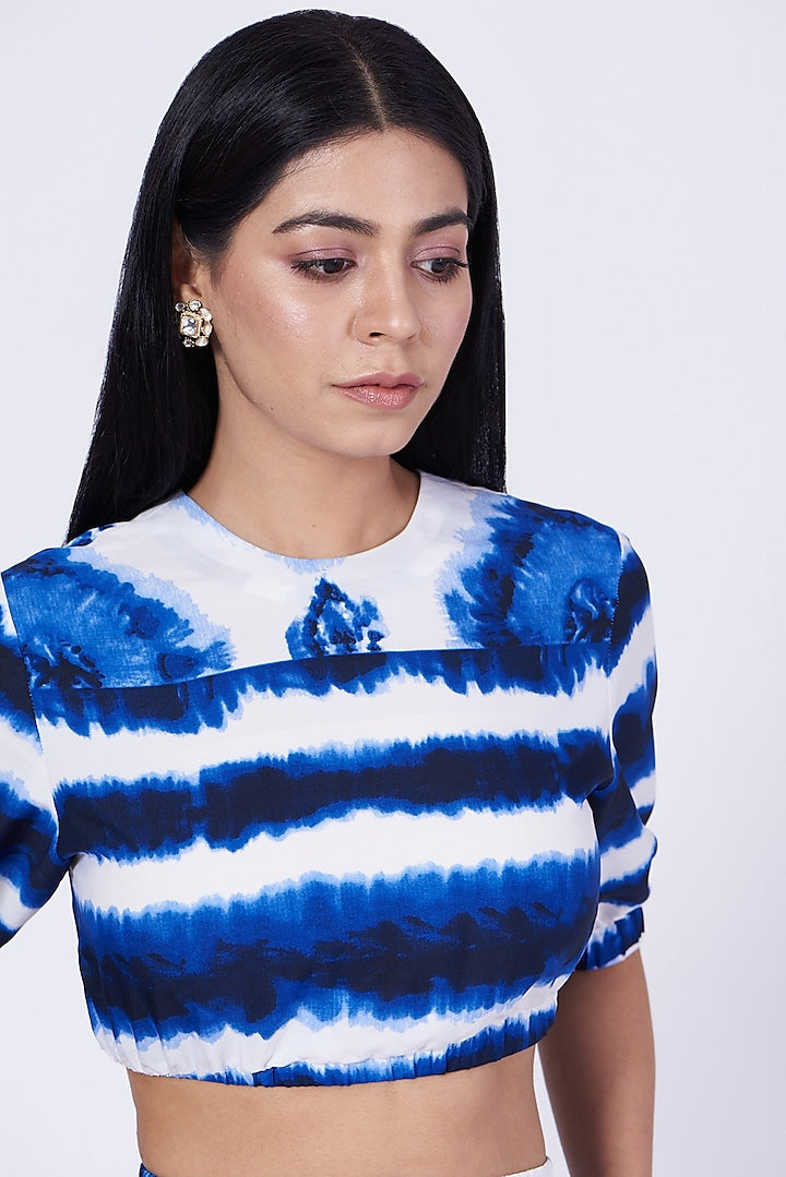 White & Blue Tie-Dye Lounge Crop Top 