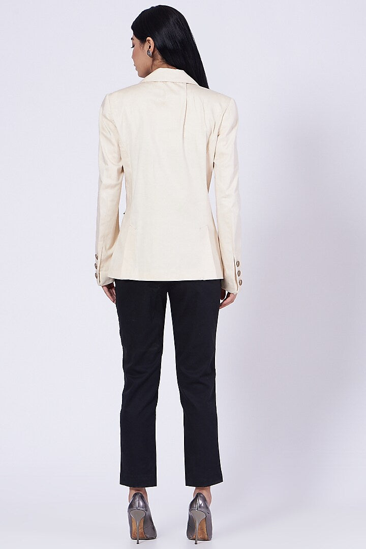 White Blazer With Faux Leather Buttons