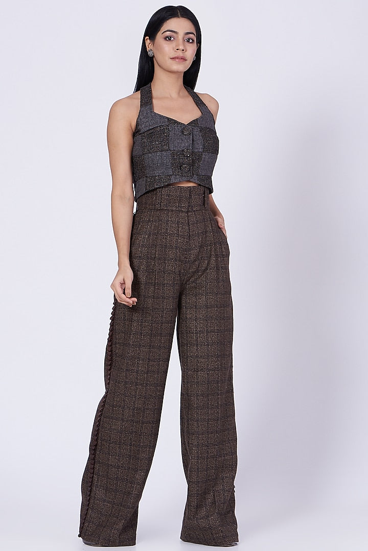 Grey & Brown Patch Work Embroidered Waistcoat