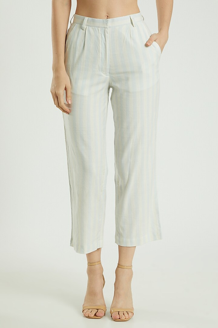 Blue Linen Striped Pants