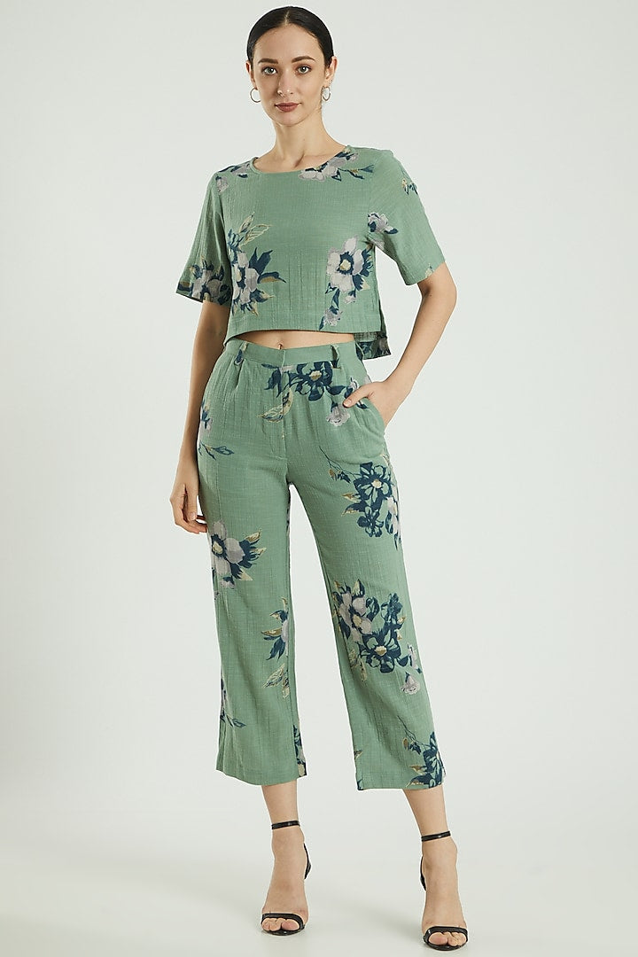 Green Linen Printed Pants