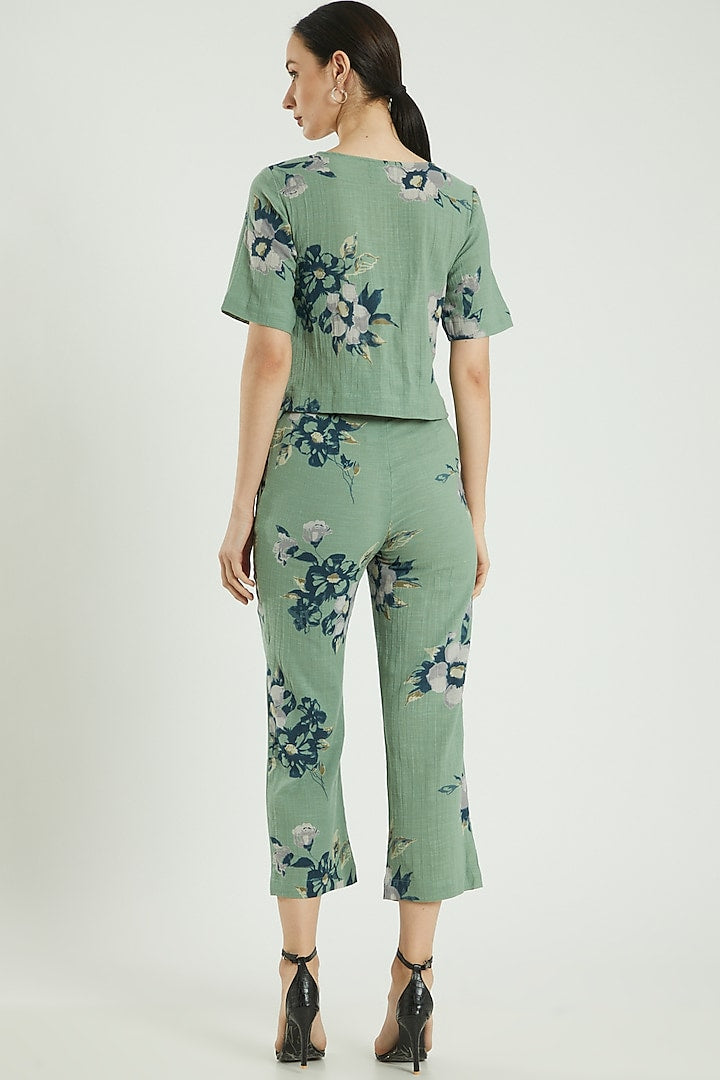 Green Linen Printed Pants