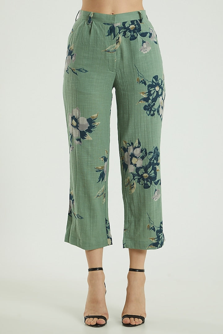 Green Linen Printed Pants